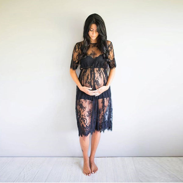 Black Floral Lace Knee Length Maternity Dress