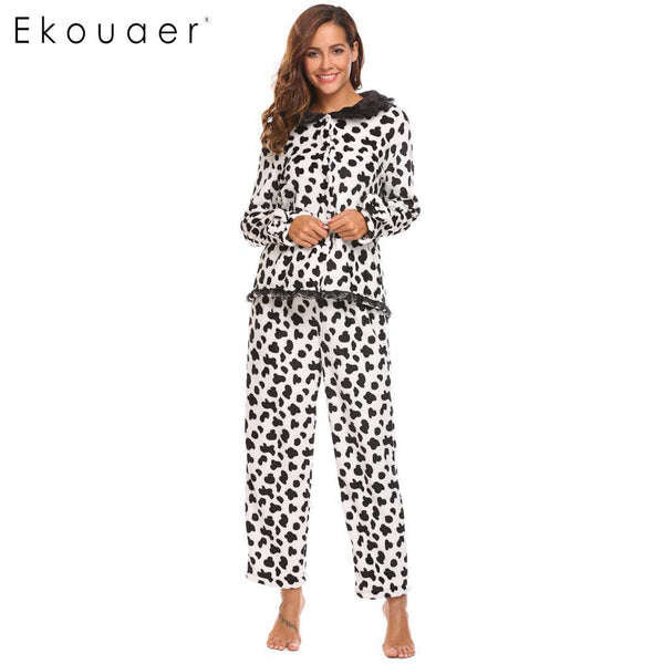 Ekouaer Women Winter Plush Pajamas Maternity Two Pieces Set Sleepwear Long Sleeve Top and Long Pants Nightwear Feminino Pijama