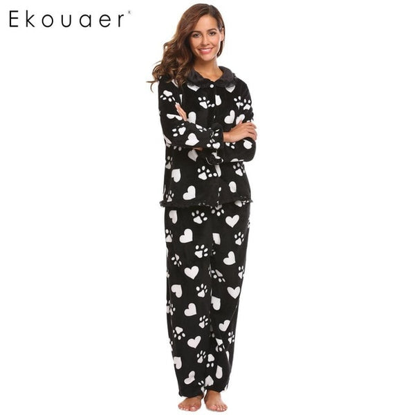 Ekouaer Women Winter Plush Pajamas Maternity Two Pieces Set Sleepwear Long Sleeve Top and Long Pants Nightwear Feminino Pijama