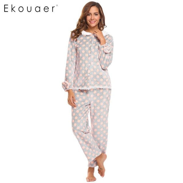 Ekouaer Women Winter Plush Pajamas Maternity Two Pieces Set Sleepwear Long Sleeve Top and Long Pants Nightwear Feminino Pijama