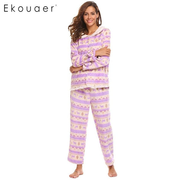 Ekouaer Women Winter Plush Pajamas Maternity Two Pieces Set Sleepwear Long Sleeve Top and Long Pants Nightwear Feminino Pijama