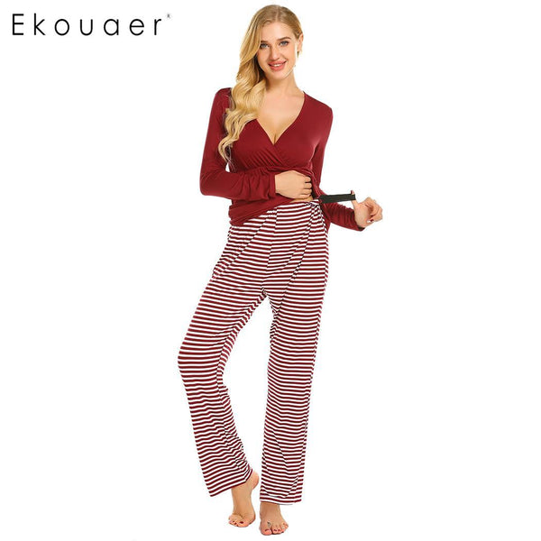 Ekouaer Women Cotton Pajamas Set Nightwear Casual V-Neck Long Sleeve Cotton Maternity Nursing Pajamas Set Female Home Clothing