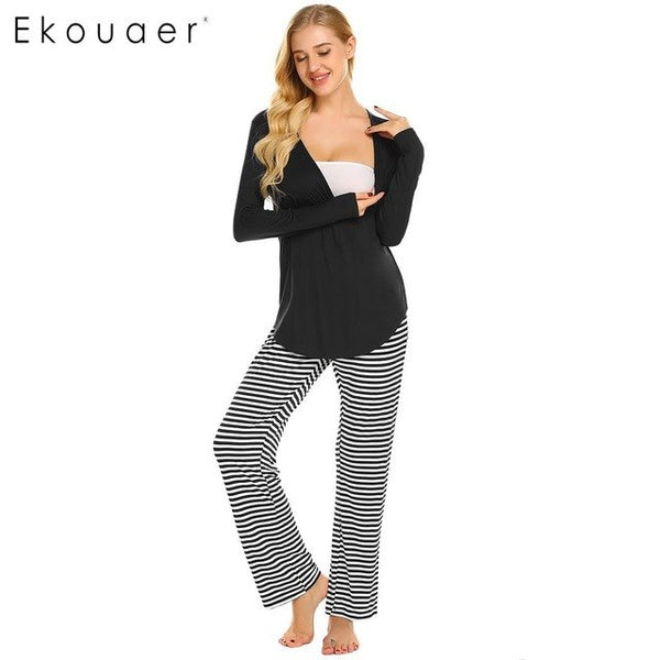 Ekouaer Women Cotton Pajamas Set Nightwear Casual V-Neck Long Sleeve Cotton Maternity Nursing Pajamas Set Female Home Clothing