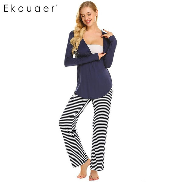 Ekouaer Women Cotton Pajamas Set Nightwear Casual V-Neck Long Sleeve Cotton Maternity Nursing Pajamas Set Female Home Clothing