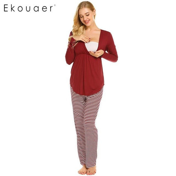 Ekouaer Women Cotton Pajamas Set Nightwear Casual V-Neck Long Sleeve Cotton Maternity Nursing Pajamas Set Female Home Clothing
