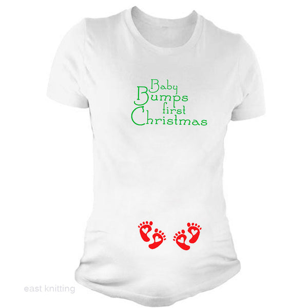 YF0002 New Fashion Women Twins Baby Bumps Funny First Christmas Maternity T shirt