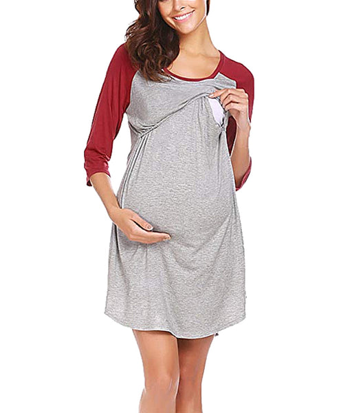 Women's Maternity Dress Loose Nursing Nightgown O-Neck Long Sleeve Irregular Pregnancy Sleepwear Dress Cotton Nursing Pajamas