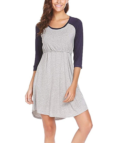 Women's Maternity Dress Loose Nursing Nightgown O-Neck Long Sleeve Irregular Pregnancy Sleepwear Dress Cotton Nursing Pajamas