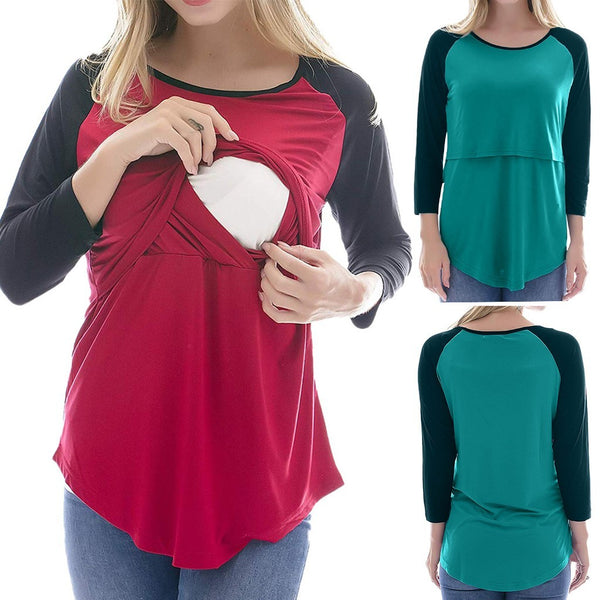 Women Maternity Solid Color Splicing Pregnancy Nursing Baby Tops T-shirt