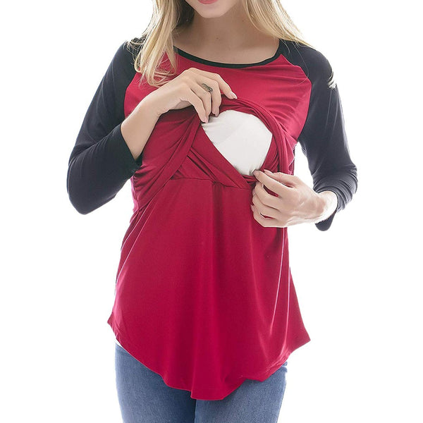 Women Maternity Solid Color Splicing Pregnancy Nursing Baby Tops T-shirt