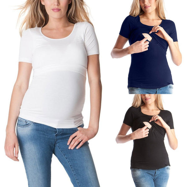 Women Maternity Solid Color Short Sleeve Pregnancy Nursing Baby Tops T-shirt